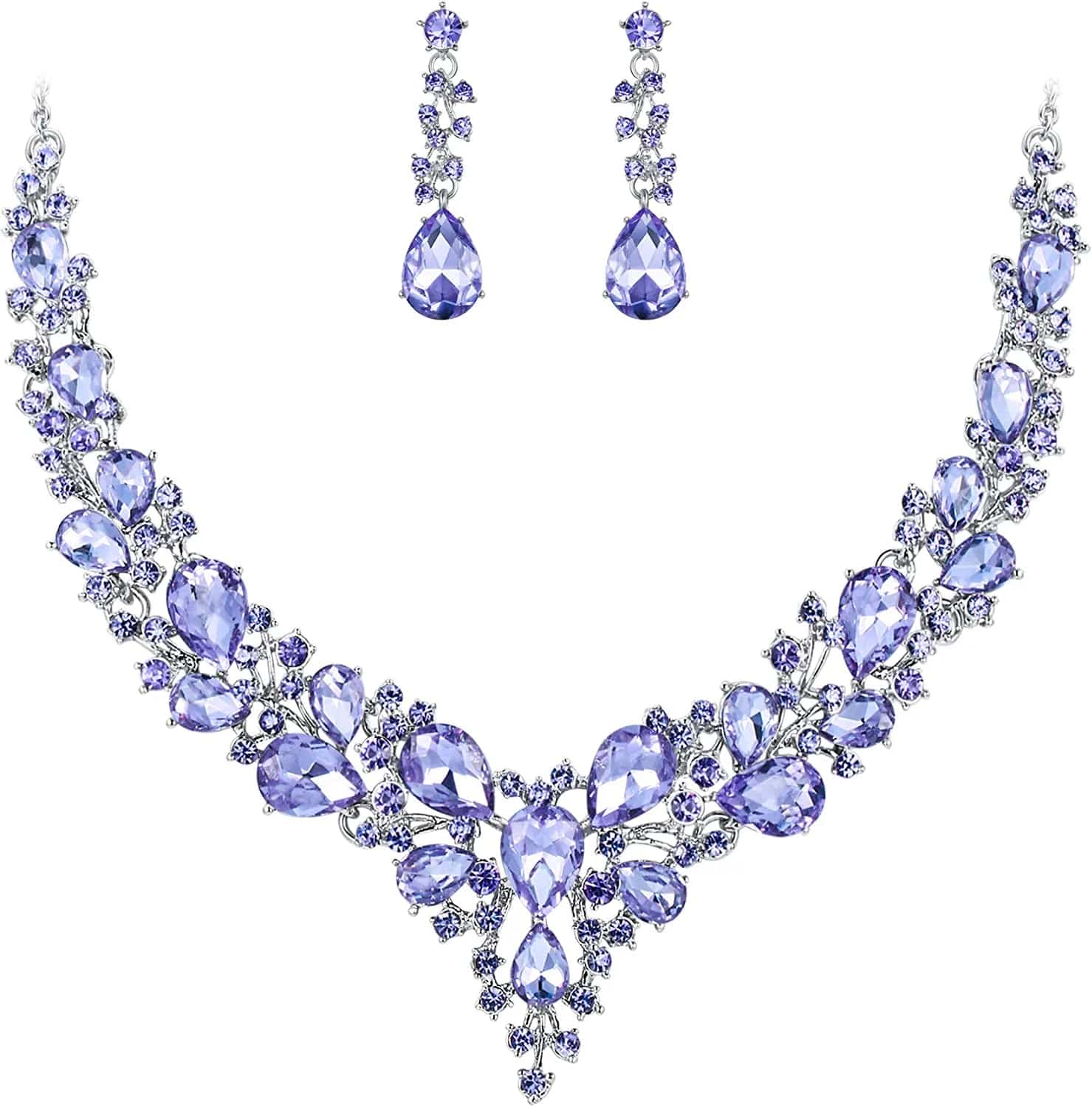 Brilove Women'S Wedding Bridal Austrian Crystal Teardrop Cluster Statement Necklace Dangle Earrings Jewelry Set 13-Light Purple Silver-Tone