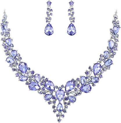 Brilove Women'S Wedding Bridal Austrian Crystal Teardrop Cluster Statement Necklace Dangle Earrings Jewelry Set 13-Light Purple Silver-Tone