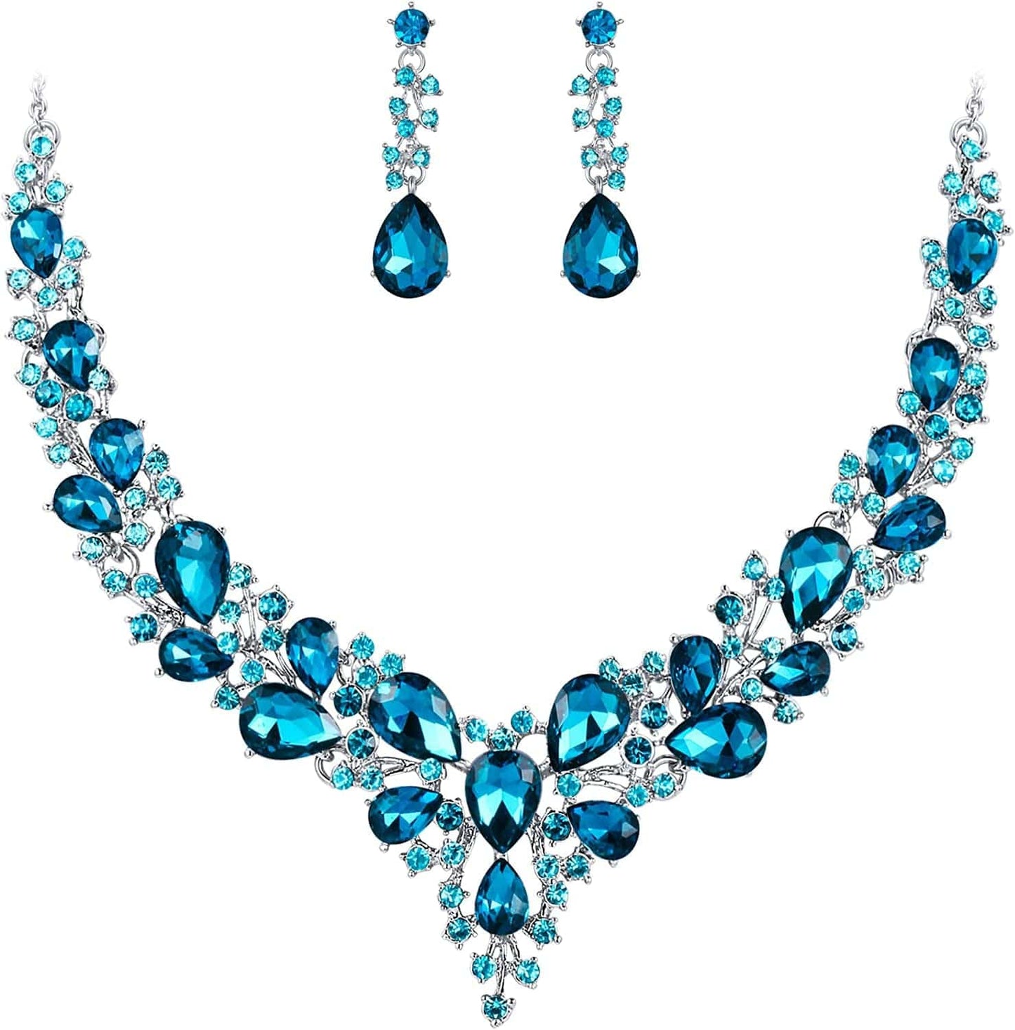Brilove Women'S Wedding Bridal Austrian Crystal Teardrop Cluster Statement Necklace Dangle Earrings Jewelry Set 17-Sky Blue Silver-Tone