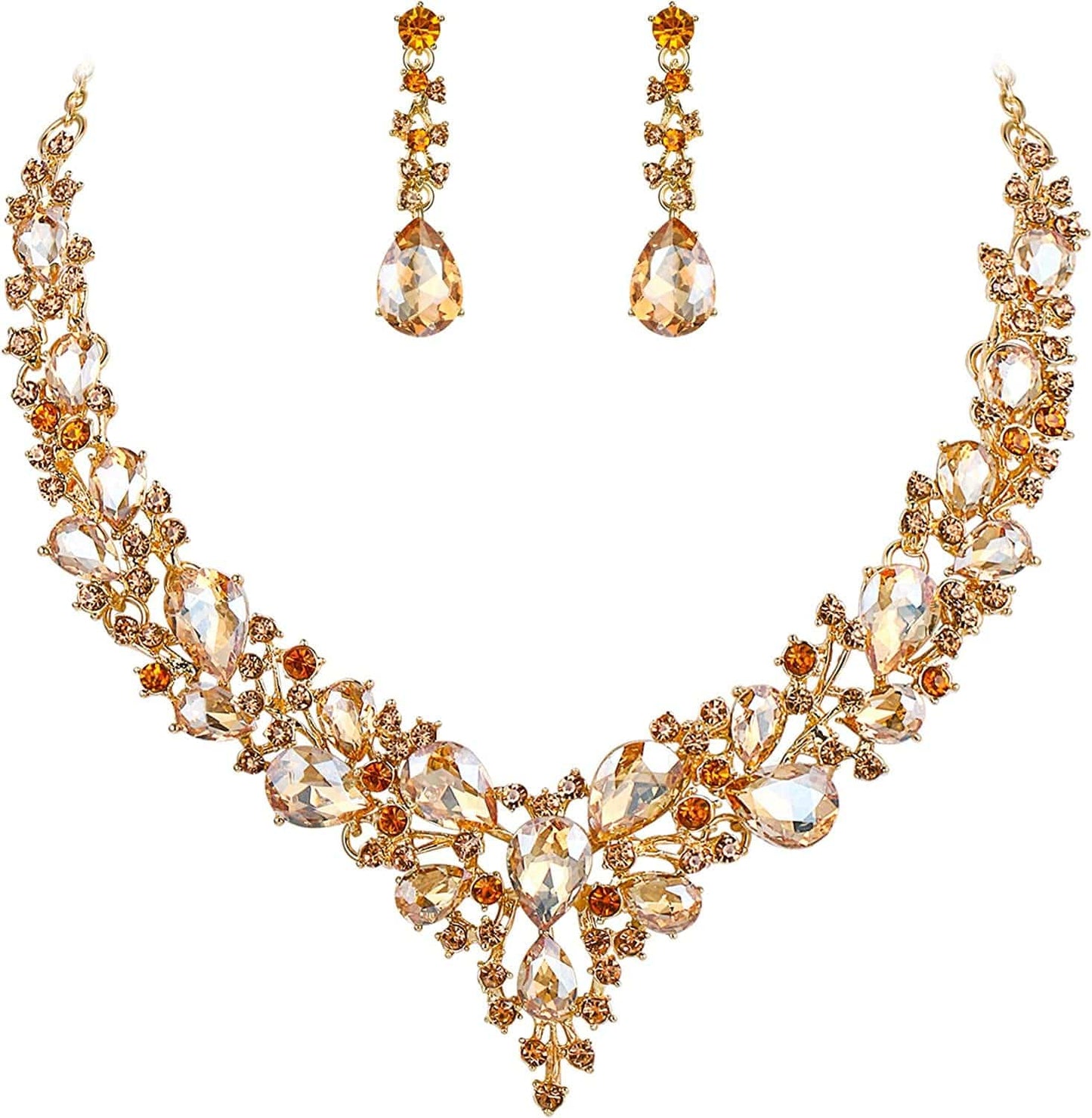Brilove Women'S Wedding Bridal Austrian Crystal Teardrop Cluster Statement Necklace Dangle Earrings Jewelry Set 12-Champagne Gold-Tone
