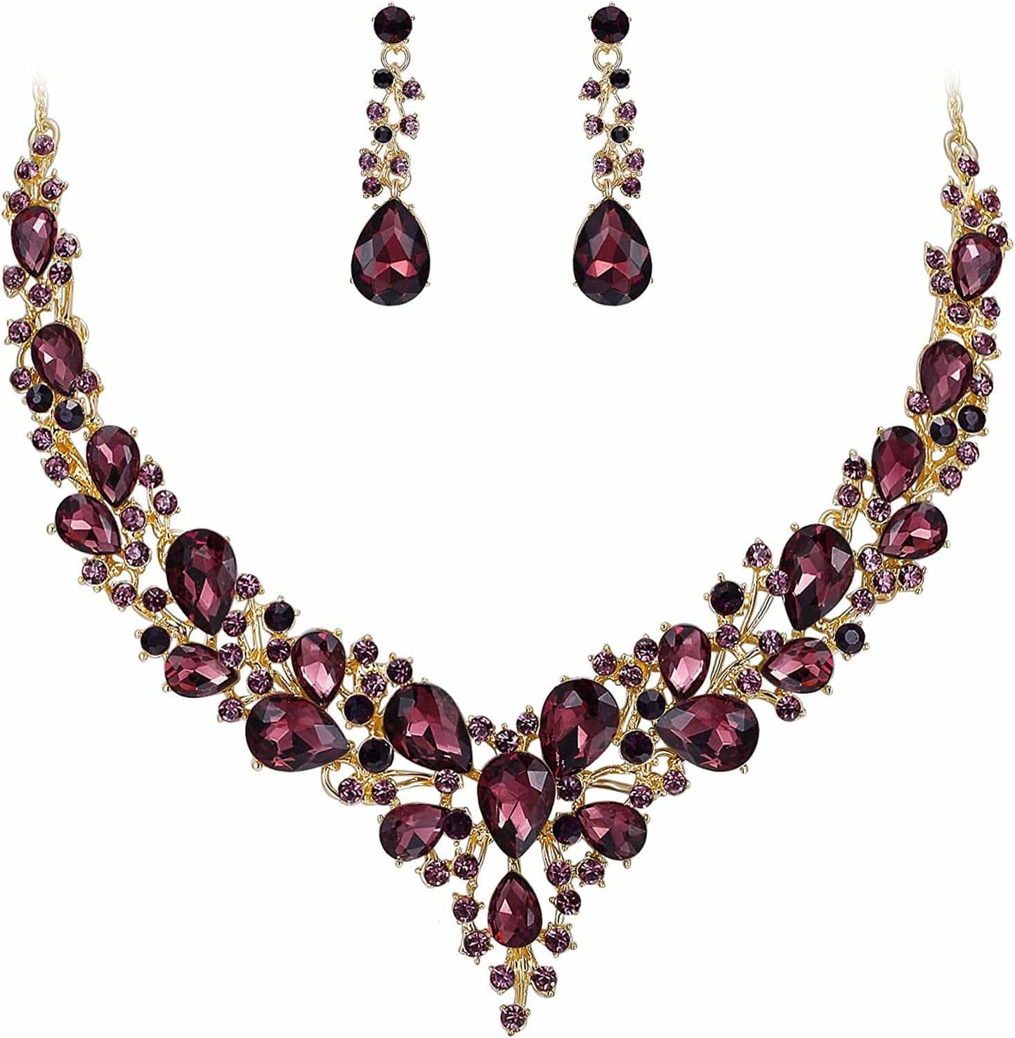 Brilove Women'S Wedding Bridal Austrian Crystal Teardrop Cluster Statement Necklace Dangle Earrings Jewelry Set 06-Deep Amethyst Color Gold-Tone