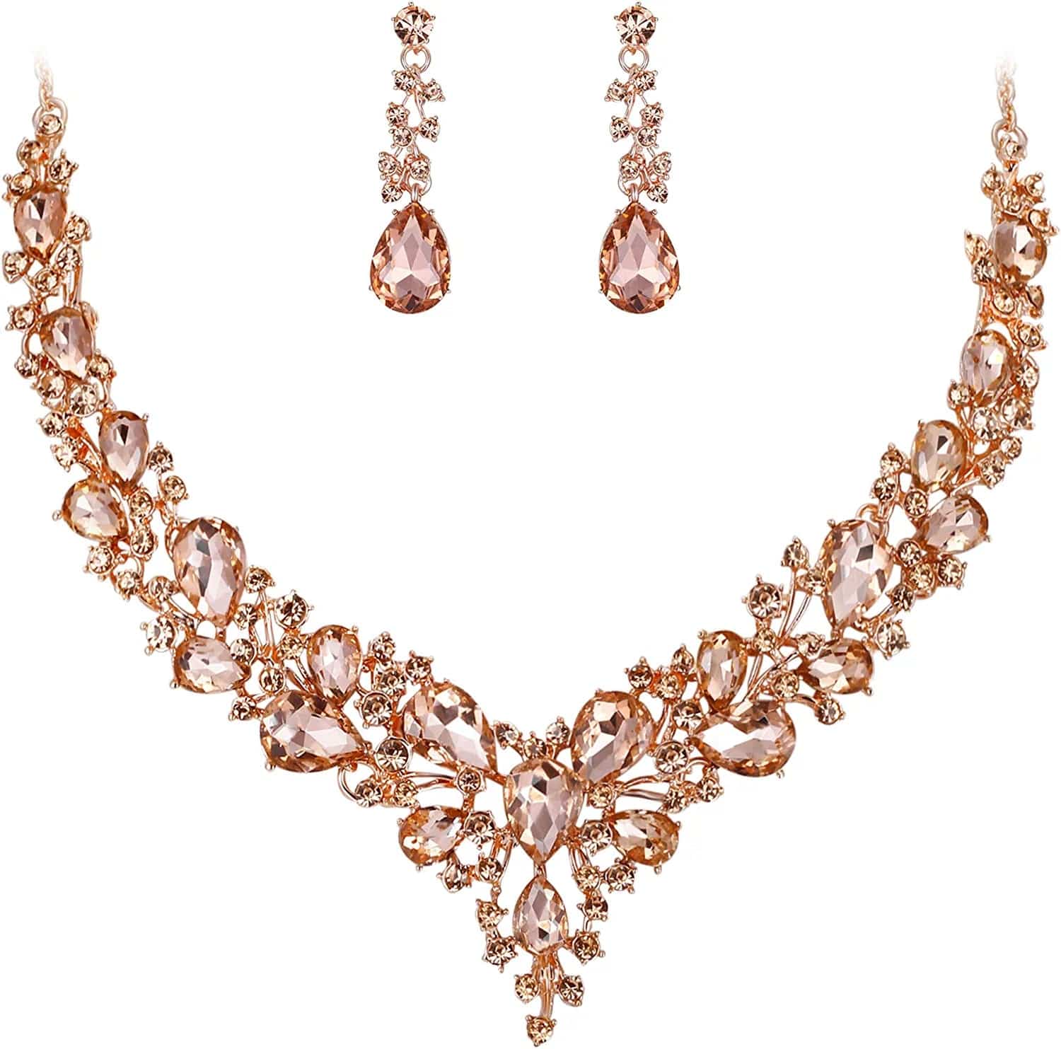 Brilove Women'S Wedding Bridal Austrian Crystal Teardrop Cluster Statement Necklace Dangle Earrings Jewelry Set 05-Peach Rose-Gold-Tone