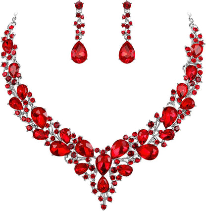 Brilove Women'S Wedding Bridal Austrian Crystal Teardrop Cluster Statement Necklace Dangle Earrings Jewelry Set 03-Ruby Color Silver-Tone
