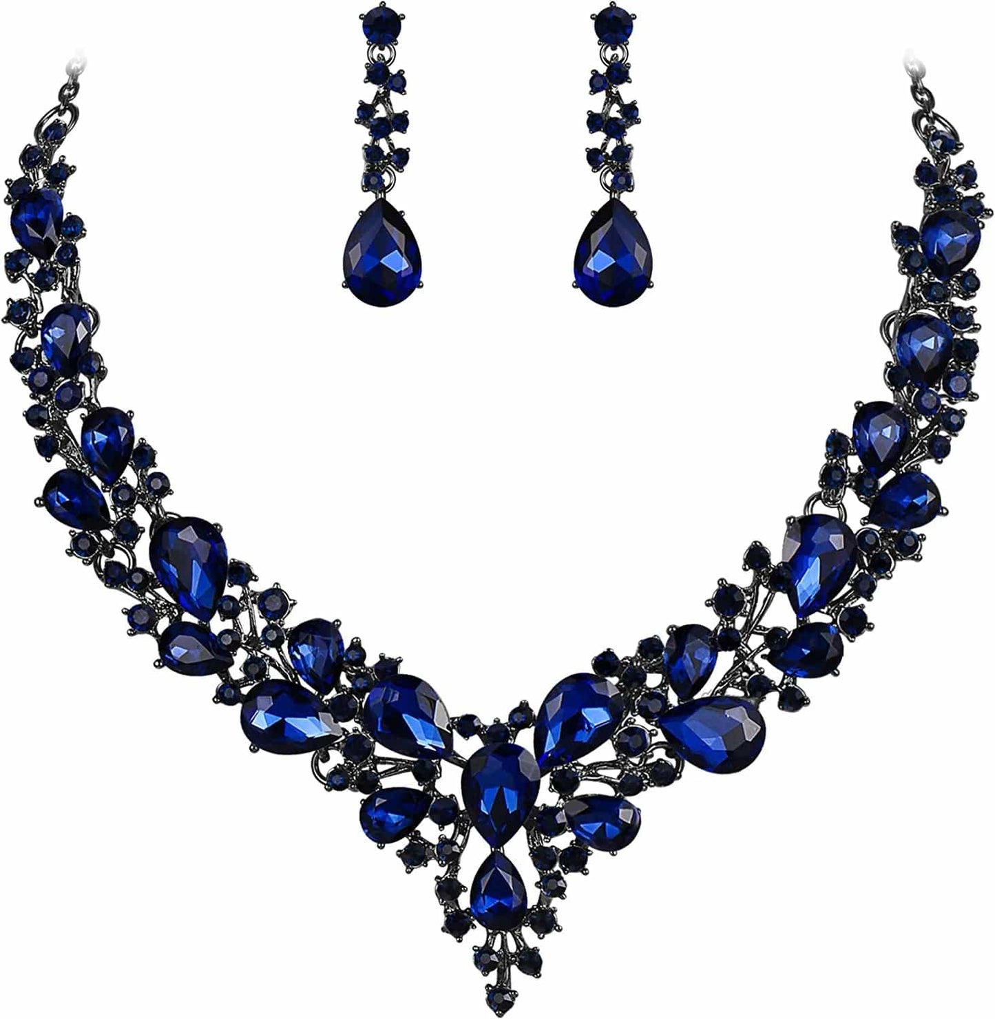 Brilove Women'S Wedding Bridal Austrian Crystal Teardrop Cluster Statement Necklace Dangle Earrings Jewelry Set 07-Navy Blue Black-Tone