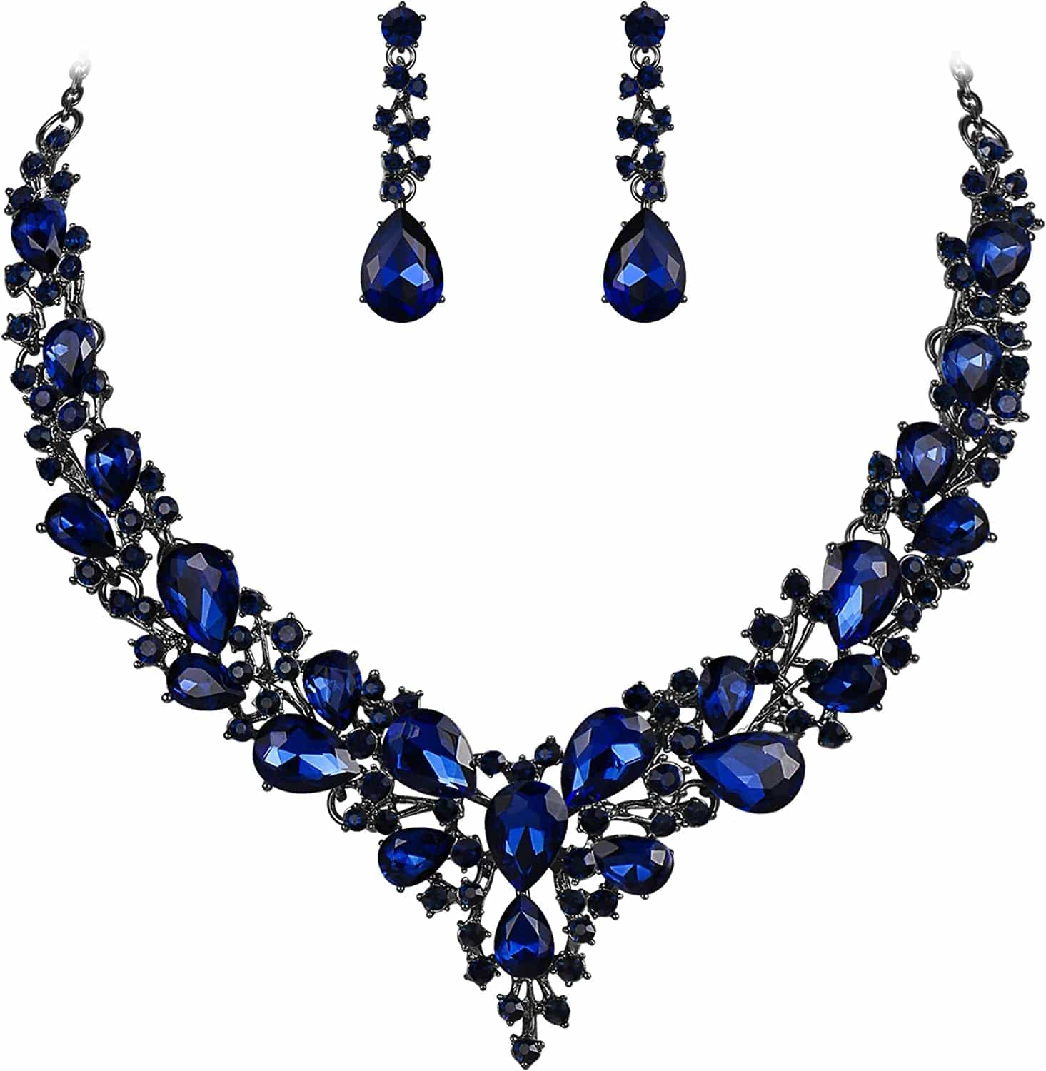 Brilove Women'S Wedding Bridal Austrian Crystal Teardrop Cluster Statement Necklace Dangle Earrings Jewelry Set 07-Navy Blue Black-Tone