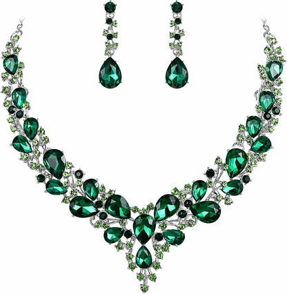 Brilove Women'S Wedding Bridal Austrian Crystal Teardrop Cluster Statement Necklace Dangle Earrings Jewelry Set 04-Emerald Color Silver-Tone