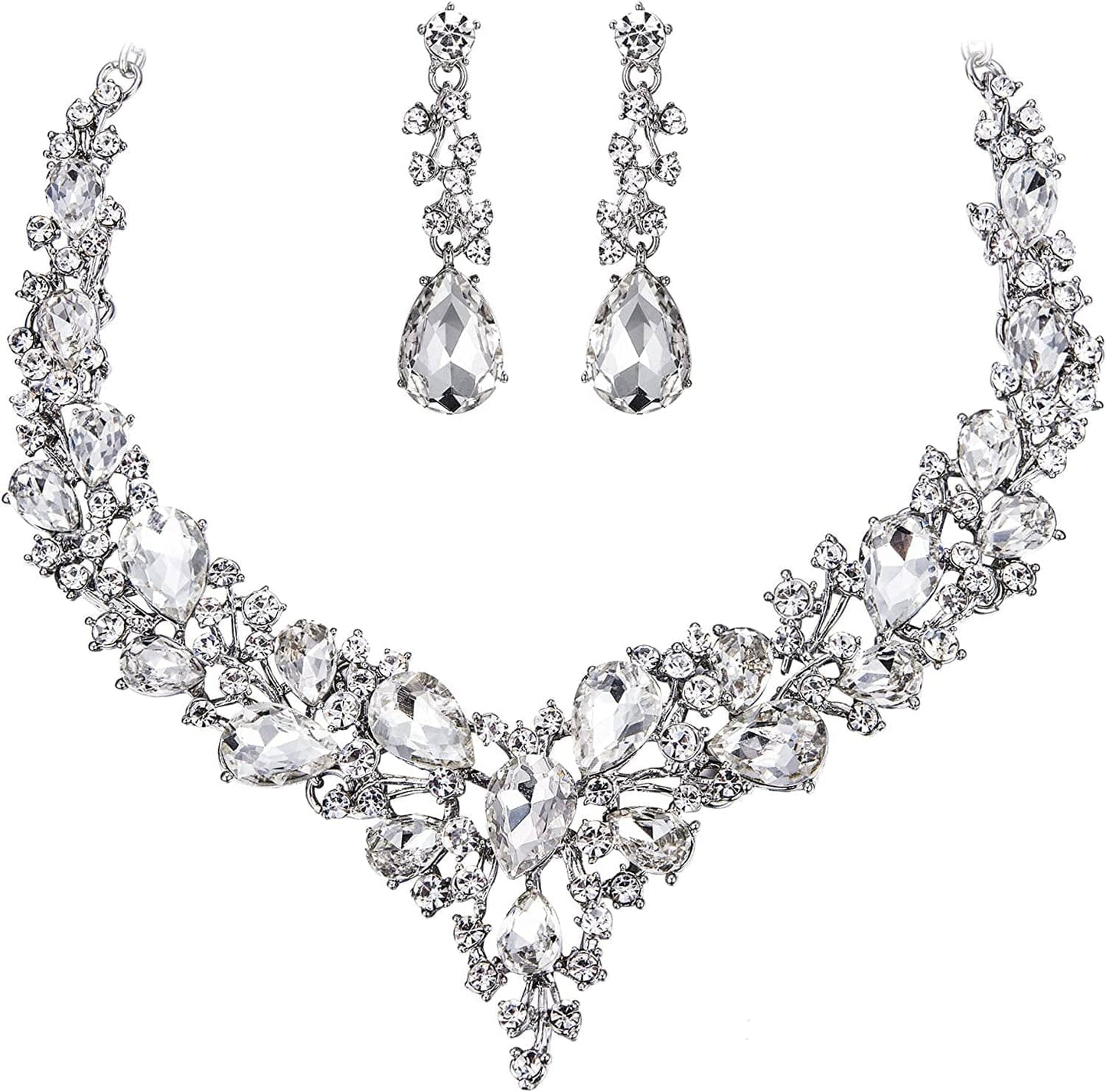 Brilove Women'S Wedding Bridal Austrian Crystal Teardrop Cluster Statement Necklace Dangle Earrings Jewelry Set 10-Clear Rhodium-Tone