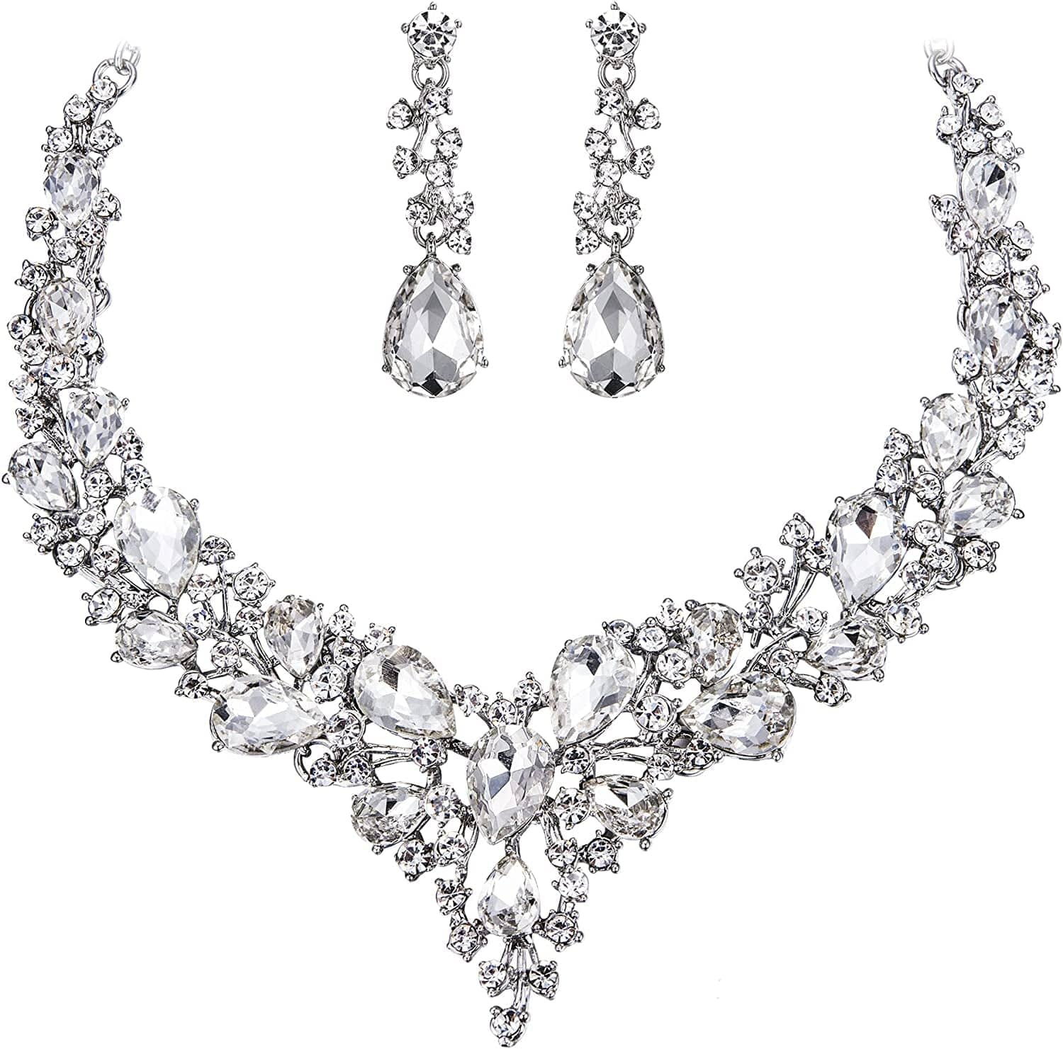 Brilove Women'S Wedding Bridal Austrian Crystal Teardrop Cluster Statement Necklace Dangle Earrings Jewelry Set 10-Clear Rhodium-Tone