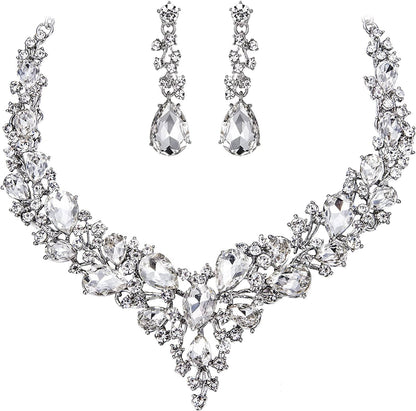 Brilove Women'S Wedding Bridal Austrian Crystal Teardrop Cluster Statement Necklace Dangle Earrings Jewelry Set 10-Clear Rhodium-Tone