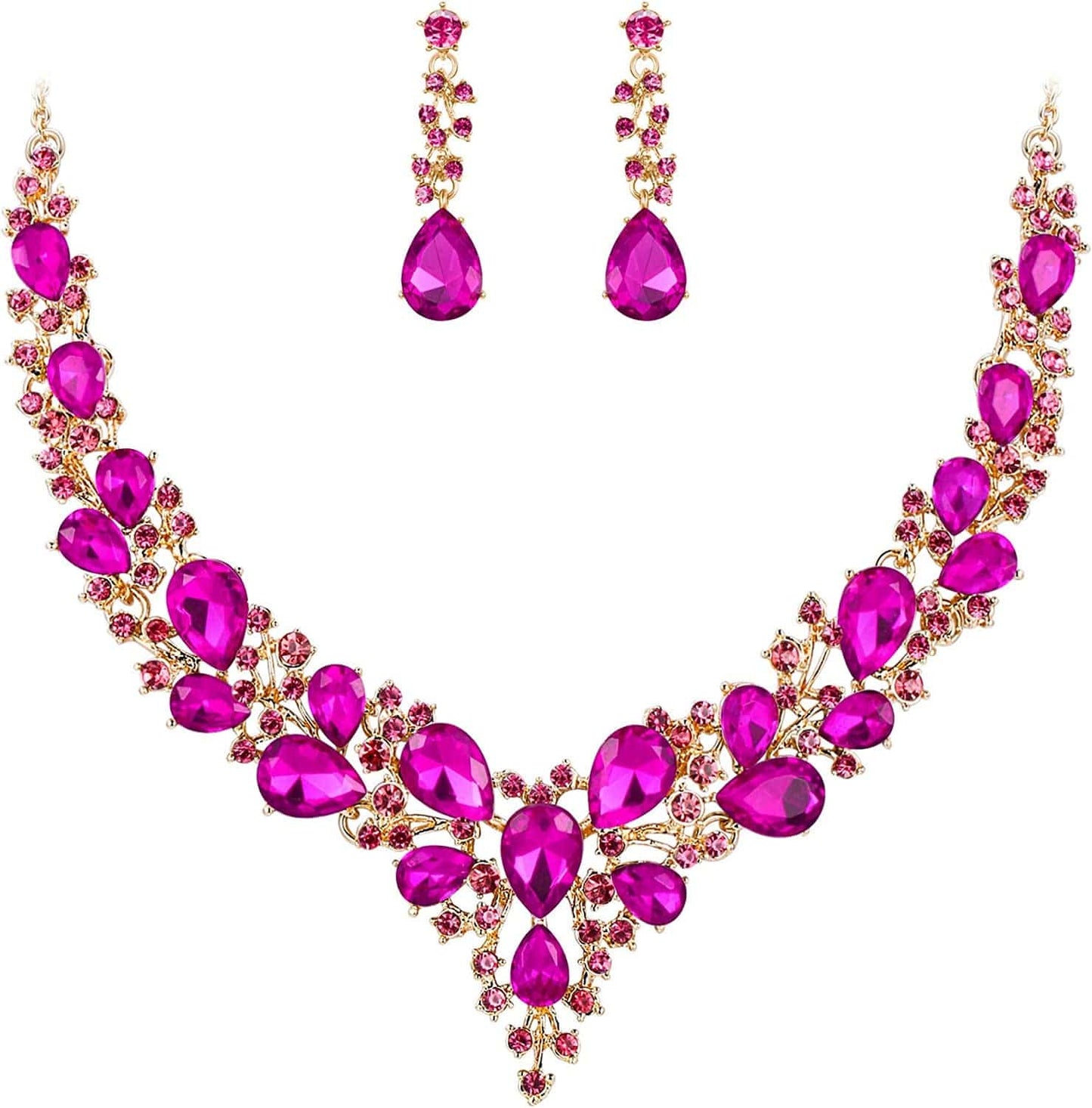 Brilove Women'S Wedding Bridal Austrian Crystal Teardrop Cluster Statement Necklace Dangle Earrings Jewelry Set 15-Fuchsia Gold-Tone