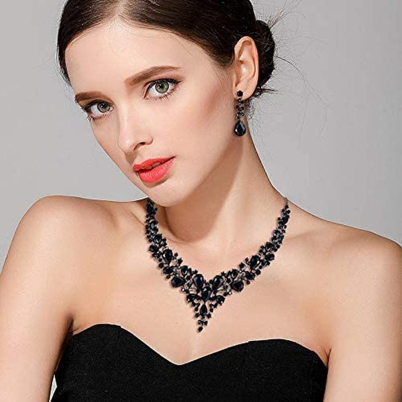 Brilove Women'S Wedding Bridal Austrian Crystal Teardrop Cluster Statement Necklace Dangle Earrings Jewelry Set