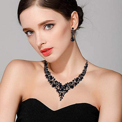 Brilove Women'S Wedding Bridal Austrian Crystal Teardrop Cluster Statement Necklace Dangle Earrings Jewelry Set