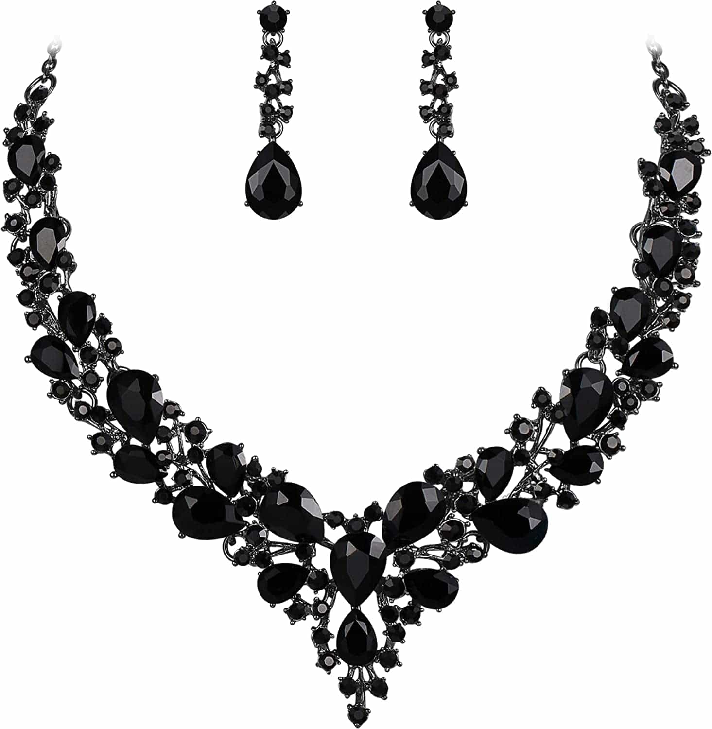 Brilove Women'S Wedding Bridal Austrian Crystal Teardrop Cluster Statement Necklace Dangle Earrings Jewelry Set 02-Black Black-Tone
