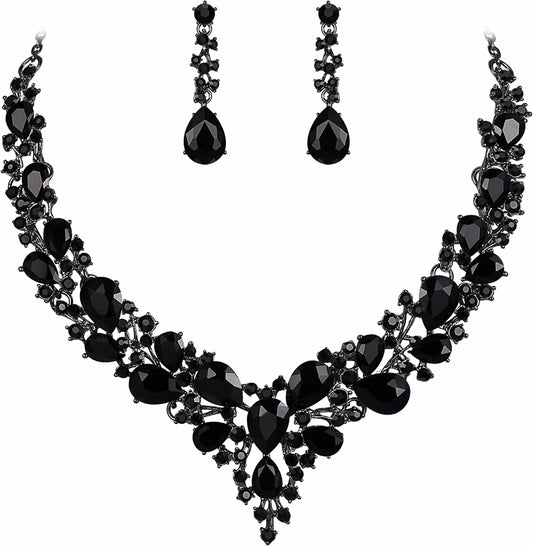Brilove Women'S Wedding Bridal Austrian Crystal Teardrop Cluster Statement Necklace Dangle Earrings Jewelry Set 02-Black Black-Tone
