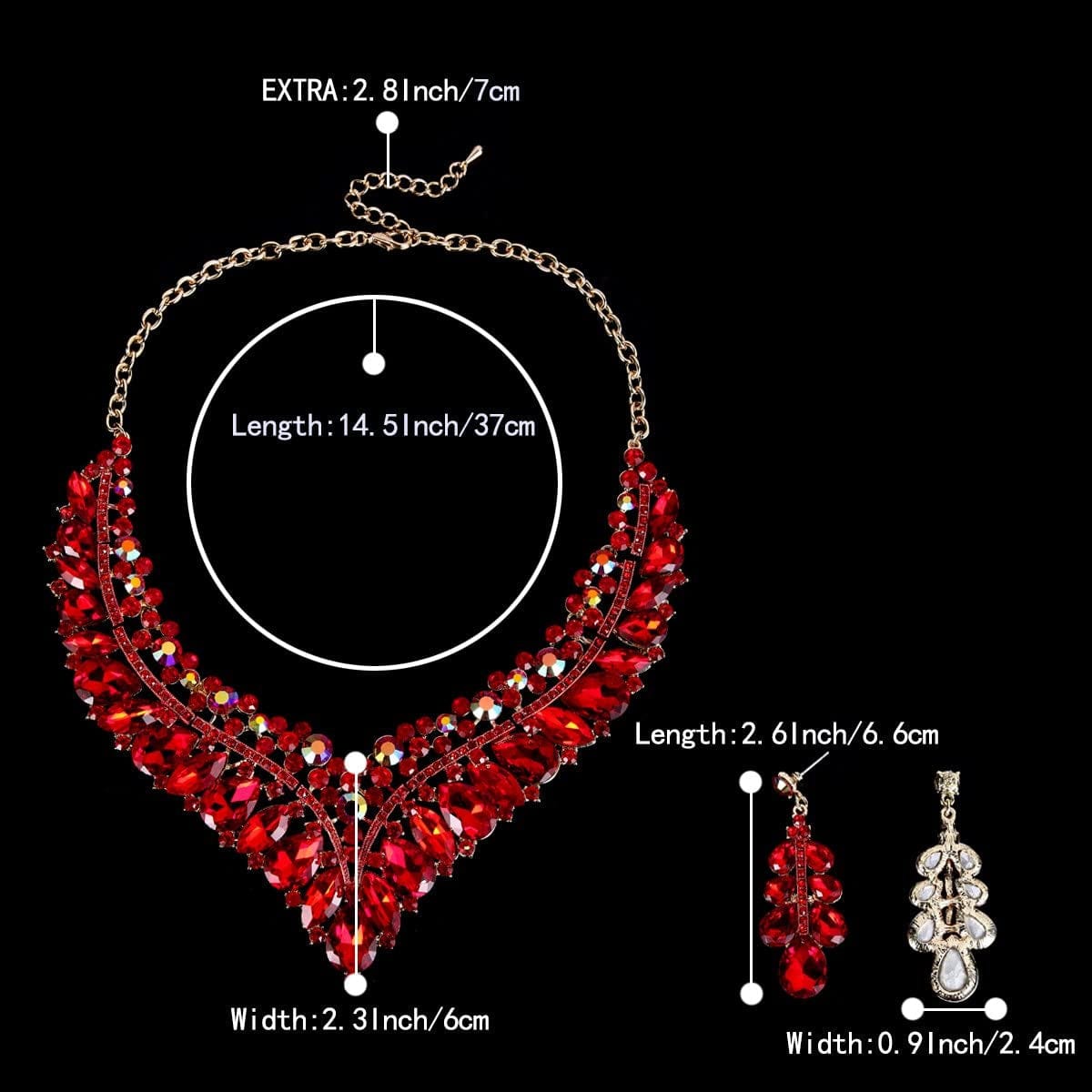Brilove Women'S Wedding Bridal Crystal Hollow Cluster Teardrop Enamel Statement Necklace Dangle Earrings Set Ruby Color Gold-Tone
