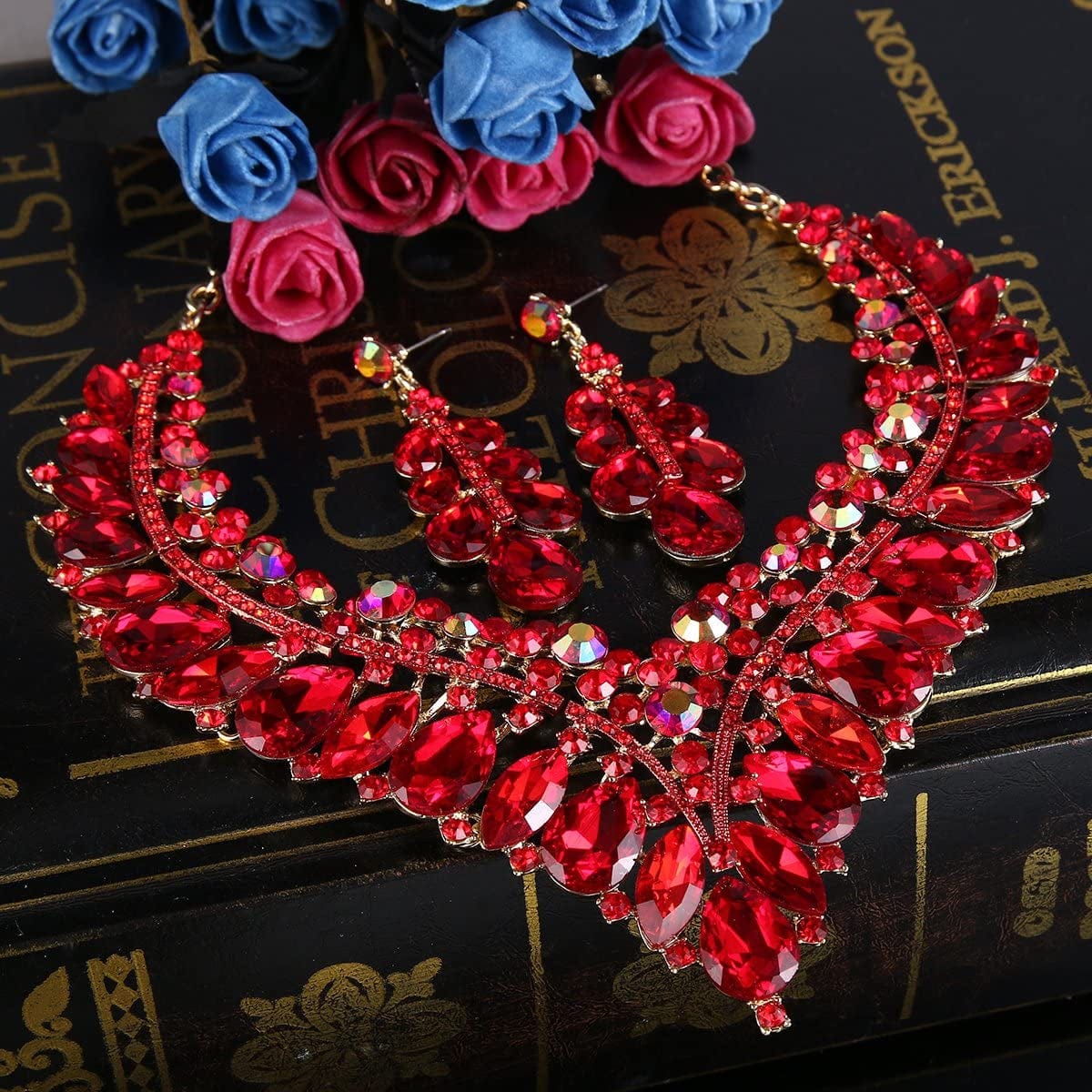Brilove Women'S Wedding Bridal Crystal Hollow Cluster Teardrop Enamel Statement Necklace Dangle Earrings Set Ruby Color Gold-Tone