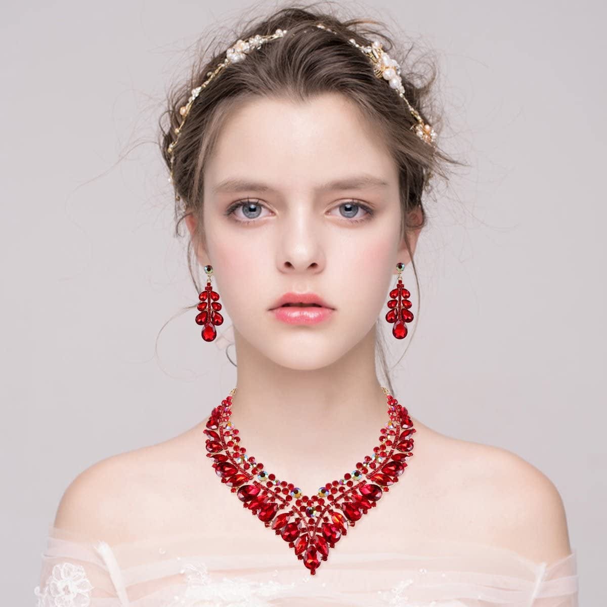 Brilove Women'S Wedding Bridal Crystal Hollow Cluster Teardrop Enamel Statement Necklace Dangle Earrings Set Ruby Color Gold-Tone
