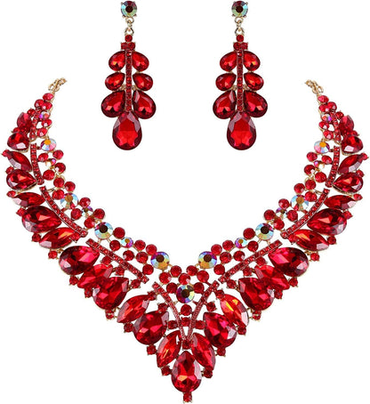 Brilove Women'S Wedding Bridal Crystal Hollow Cluster Teardrop Enamel Statement Necklace Dangle Earrings Set Ruby Color Gold-Tone