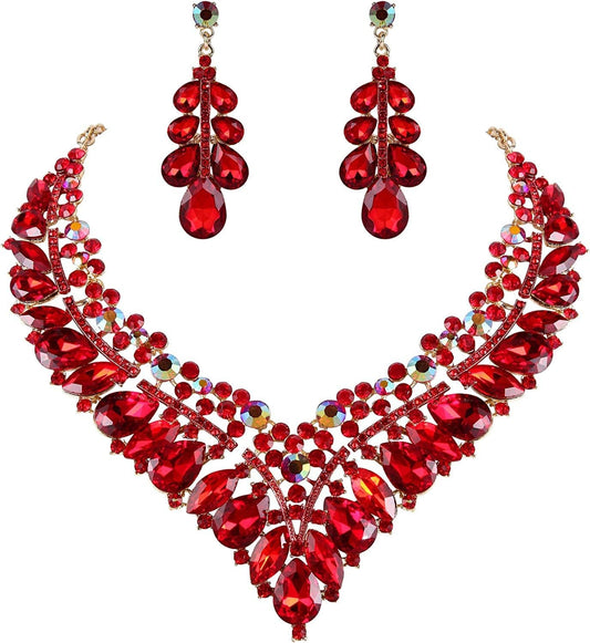 Brilove Women'S Wedding Bridal Crystal Hollow Cluster Teardrop Enamel Statement Necklace Dangle Earrings Set Ruby Color Gold-Tone