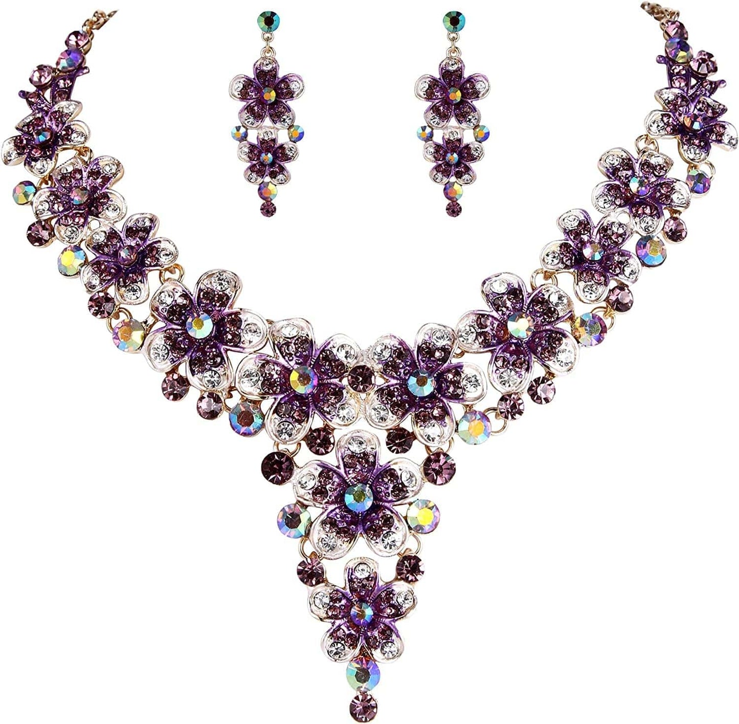 Brilove Women'S Wedding Bridal Crystal Multi Hibiscus Flower Enamel Statement Necklace Dangle Earrings Set Amethyst Color Gold-Tone