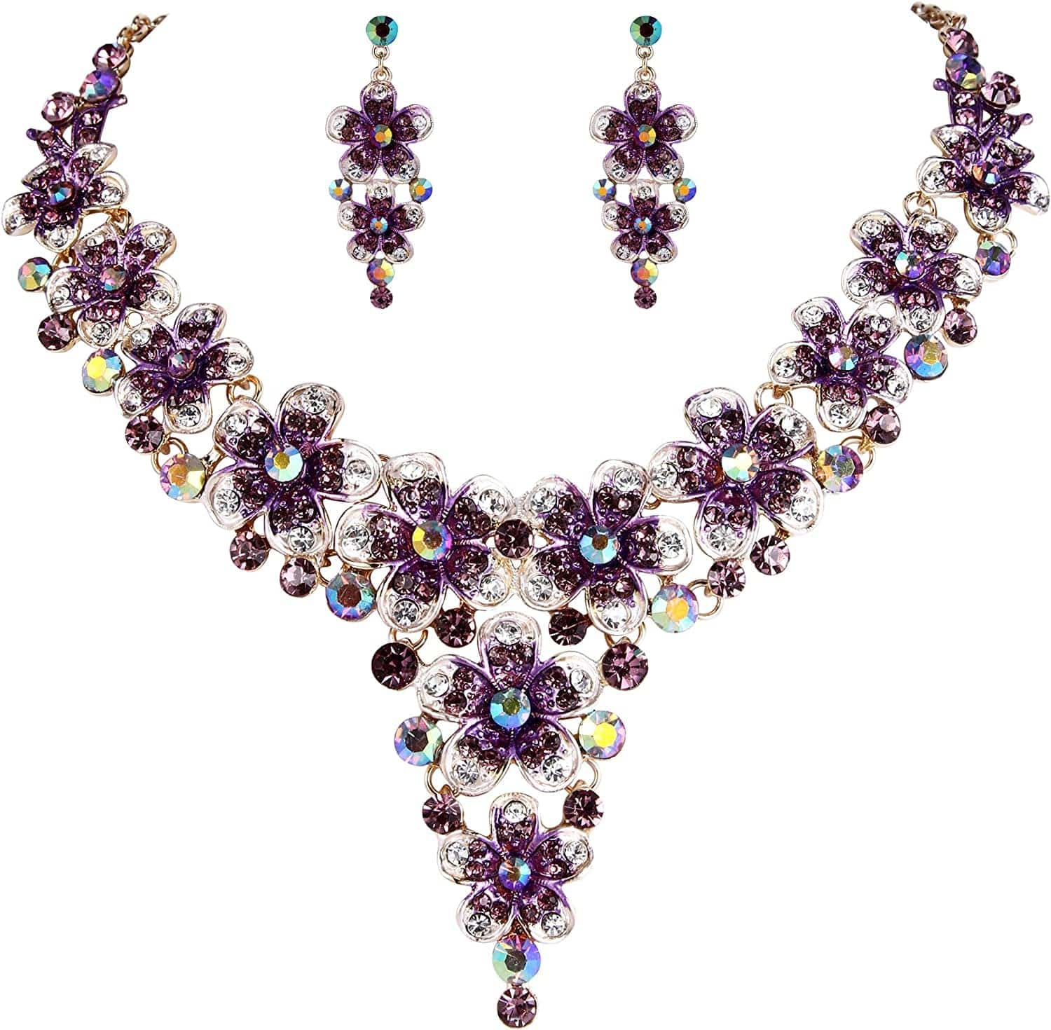 Brilove Women'S Wedding Bridal Crystal Multi Hibiscus Flower Enamel Statement Necklace Dangle Earrings Set Amethyst Color Gold-Tone