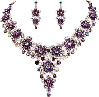Brilove Women'S Wedding Bridal Crystal Multi Hibiscus Flower Enamel Statement Necklace Dangle Earrings Set Amethyst Color Gold-Tone