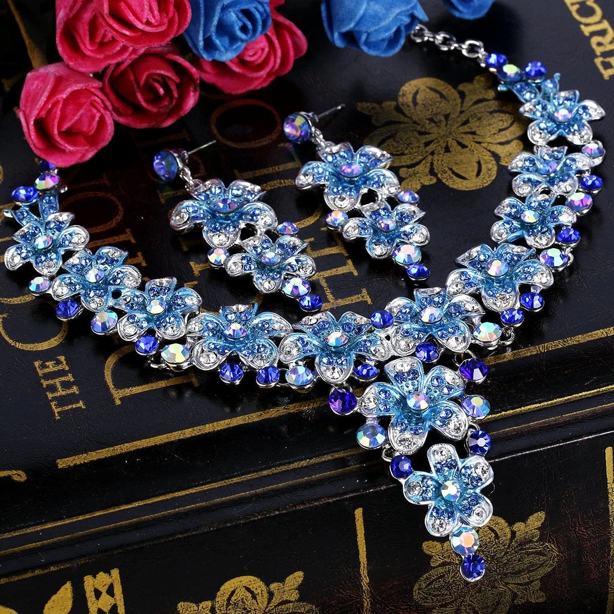 Brilove Women'S Wedding Bridal Crystal Multi Hibiscus Flower Enamel Statement Necklace Dangle Earrings Set