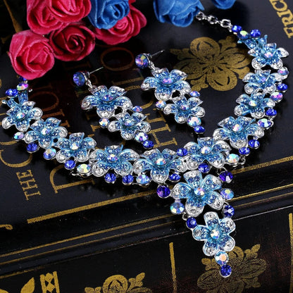 Brilove Women'S Wedding Bridal Crystal Multi Hibiscus Flower Enamel Statement Necklace Dangle Earrings Set
