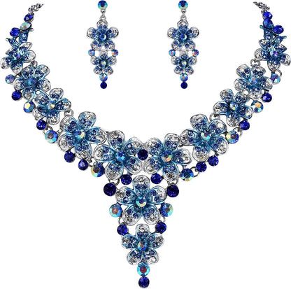 Brilove Women'S Wedding Bridal Crystal Multi Hibiscus Flower Enamel Statement Necklace Dangle Earrings Set Royal Blue Silver-Tone