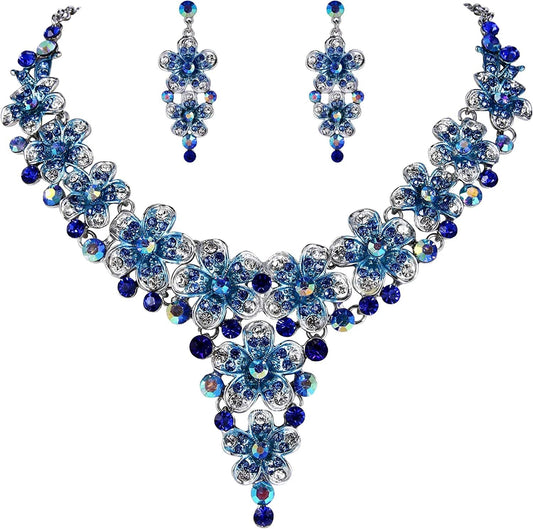 Brilove Women'S Wedding Bridal Crystal Multi Hibiscus Flower Enamel Statement Necklace Dangle Earrings Set Royal Blue Silver-Tone