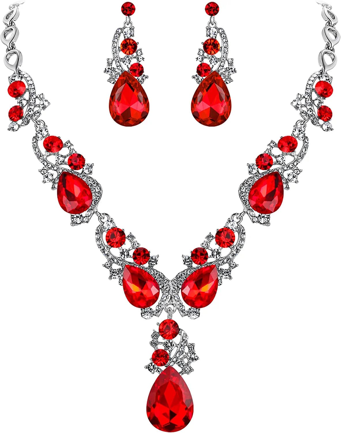 Brilove Women'S Wedding Bridal Crystal Multi Teardrop Cluster Statement Necklace Dangle Earrings Set 03-Ruby Color Silver-Tone