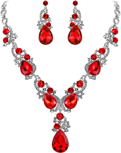 Brilove Women'S Wedding Bridal Crystal Multi Teardrop Cluster Statement Necklace Dangle Earrings Set 03-Ruby Color Silver-Tone