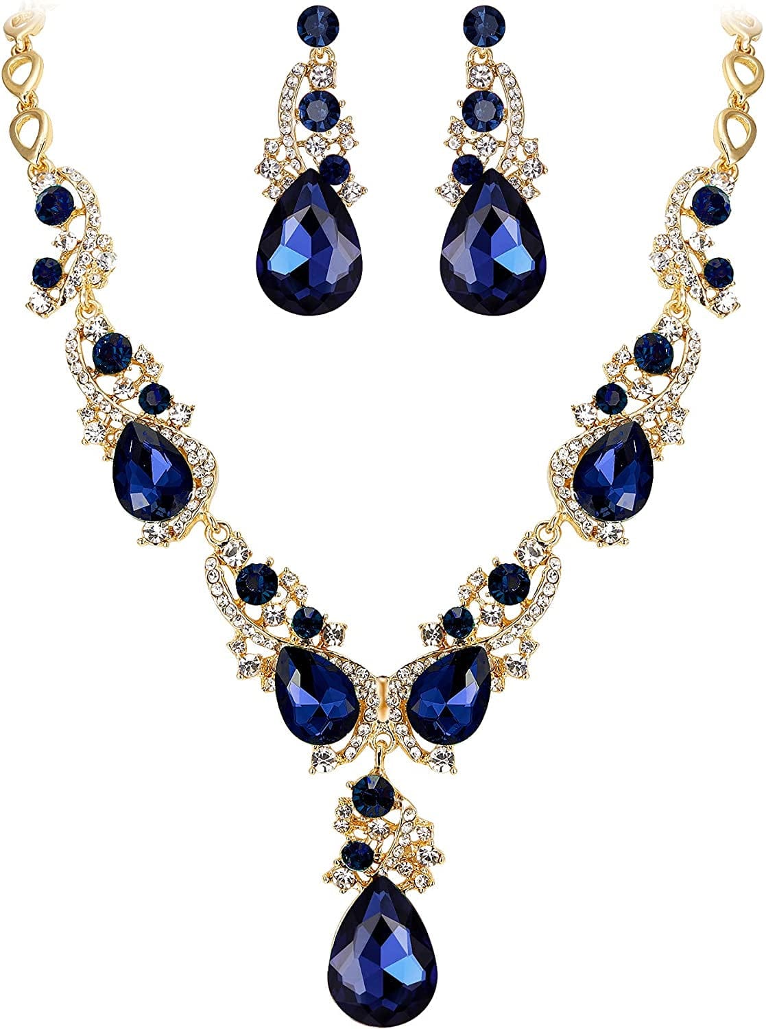 Brilove Women'S Wedding Bridal Crystal Multi Teardrop Cluster Statement Necklace Dangle Earrings Set Sapphire Color Gold-Tone