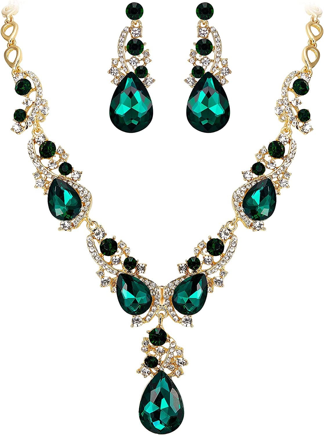 Brilove Women'S Wedding Bridal Crystal Multi Teardrop Cluster Statement Necklace Dangle Earrings Set Emerald Color Gold-Tone