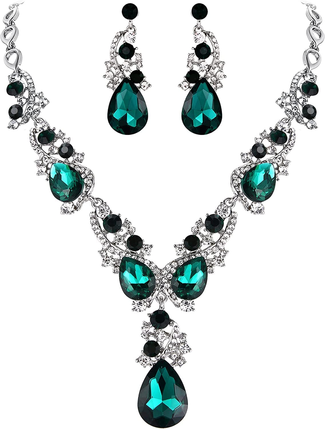 Brilove Women'S Wedding Bridal Crystal Multi Teardrop Cluster Statement Necklace Dangle Earrings Set 04-Emerald Color Silver-Tone