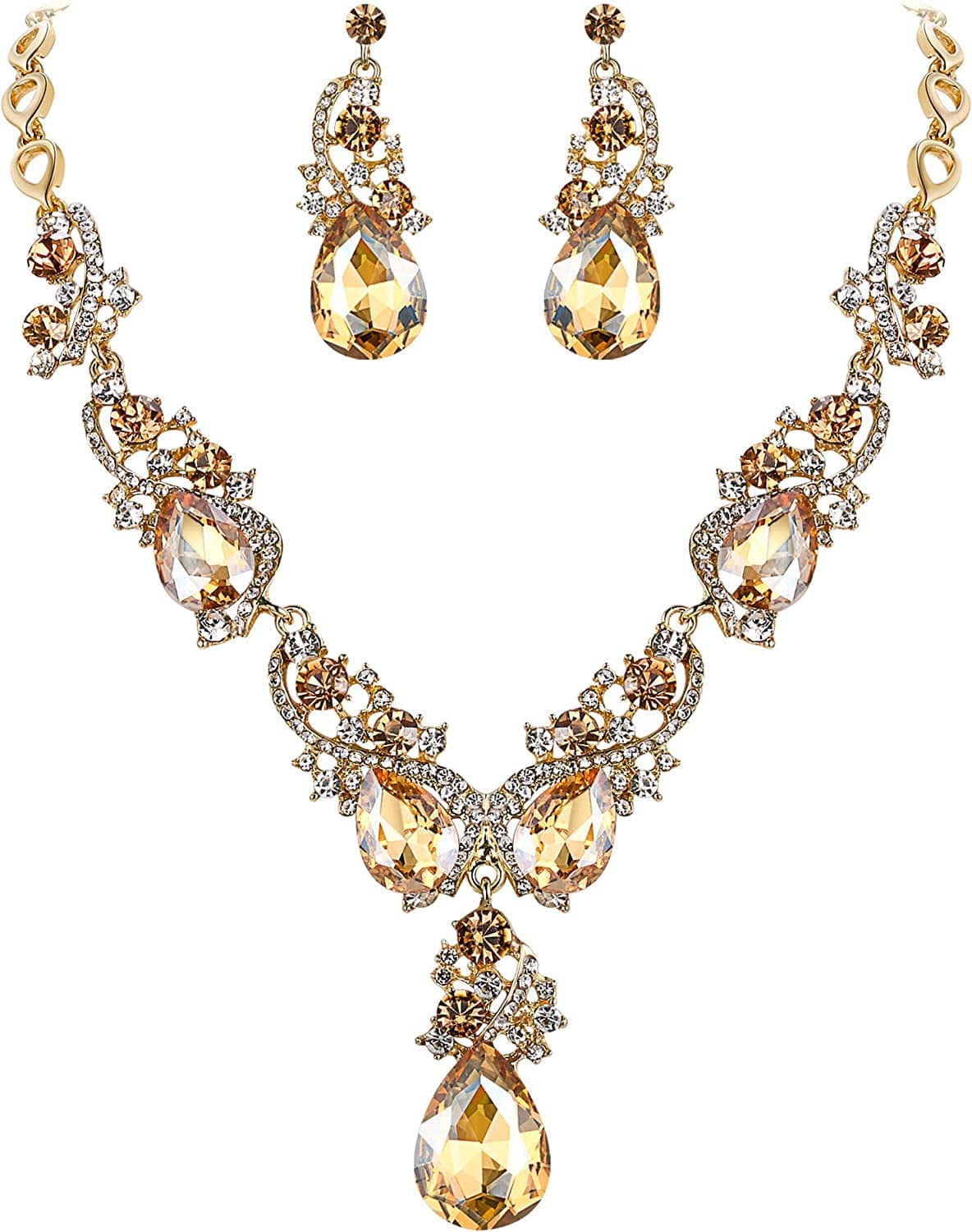 Brilove Women'S Wedding Bridal Crystal Multi Teardrop Cluster Statement Necklace Dangle Earrings Set 02-Champagne Gold-Tone