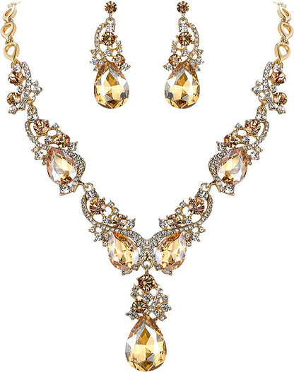Brilove Women'S Wedding Bridal Crystal Multi Teardrop Cluster Statement Necklace Dangle Earrings Set 02-Champagne Gold-Tone