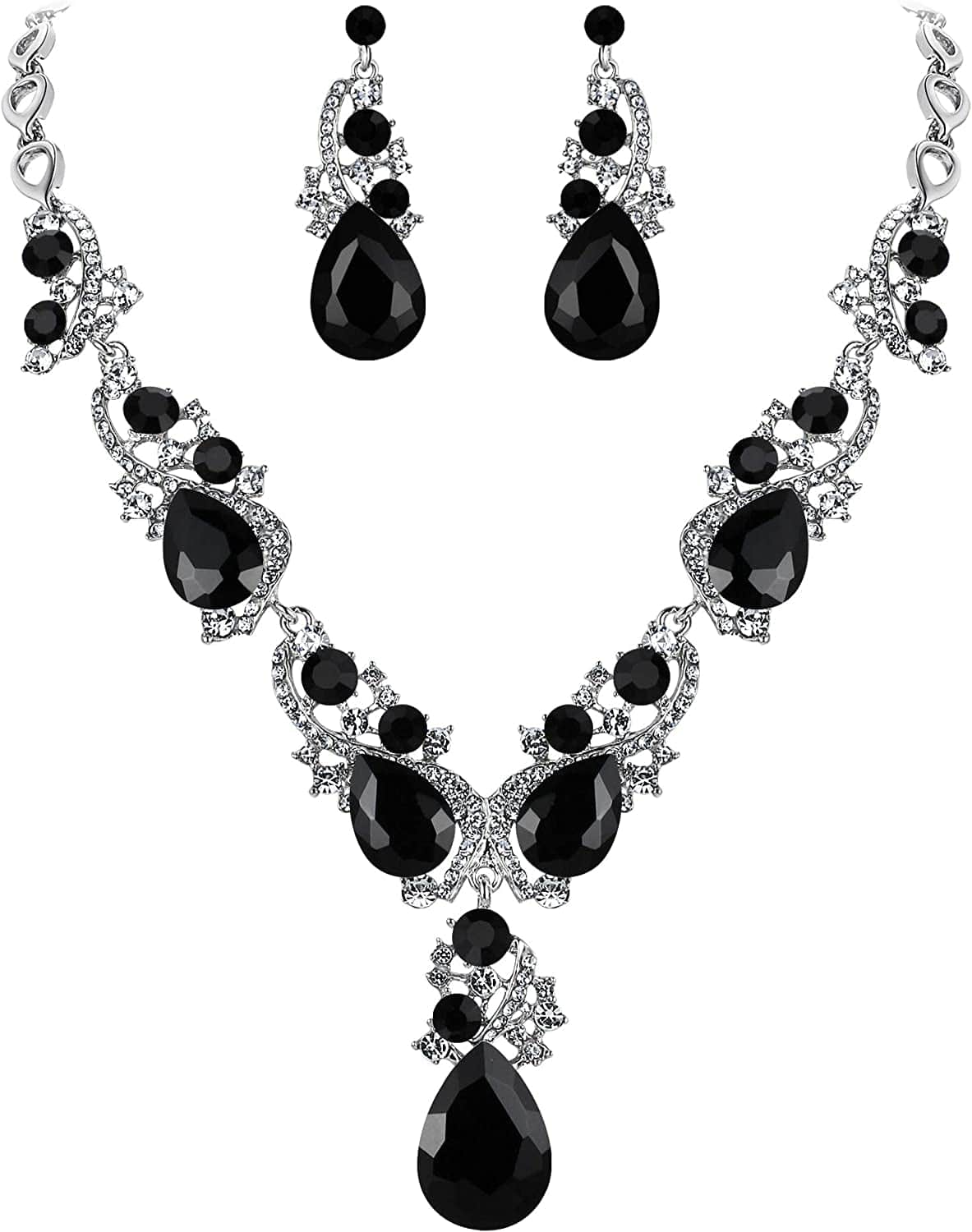 Brilove Women'S Wedding Bridal Crystal Multi Teardrop Cluster Statement Necklace Dangle Earrings Set 05-Black Silver-Tone