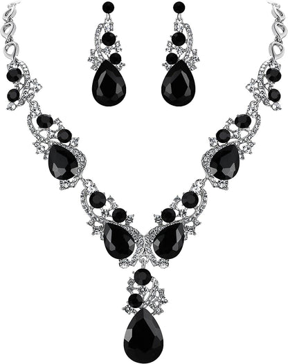 Brilove Women'S Wedding Bridal Crystal Multi Teardrop Cluster Statement Necklace Dangle Earrings Set 05-Black Silver-Tone
