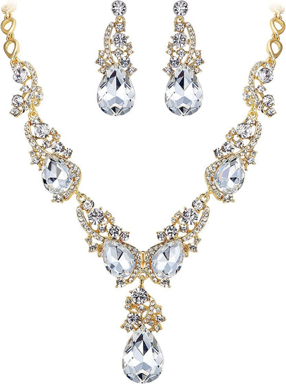 Brilove Women'S Wedding Bridal Crystal Multi Teardrop Cluster Statement Necklace Dangle Earrings Set Clear Gold-Tone