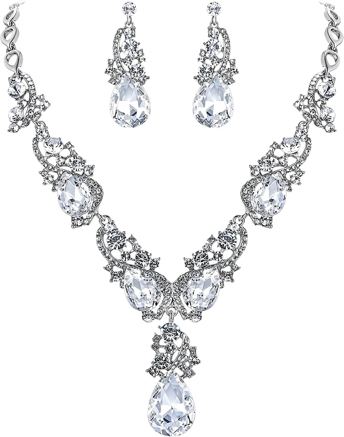 Brilove Women'S Wedding Bridal Crystal Multi Teardrop Cluster Statement Necklace Dangle Earrings Set 06-Clear Silver-Tone