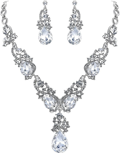 Brilove Women'S Wedding Bridal Crystal Multi Teardrop Cluster Statement Necklace Dangle Earrings Set 06-Clear Silver-Tone