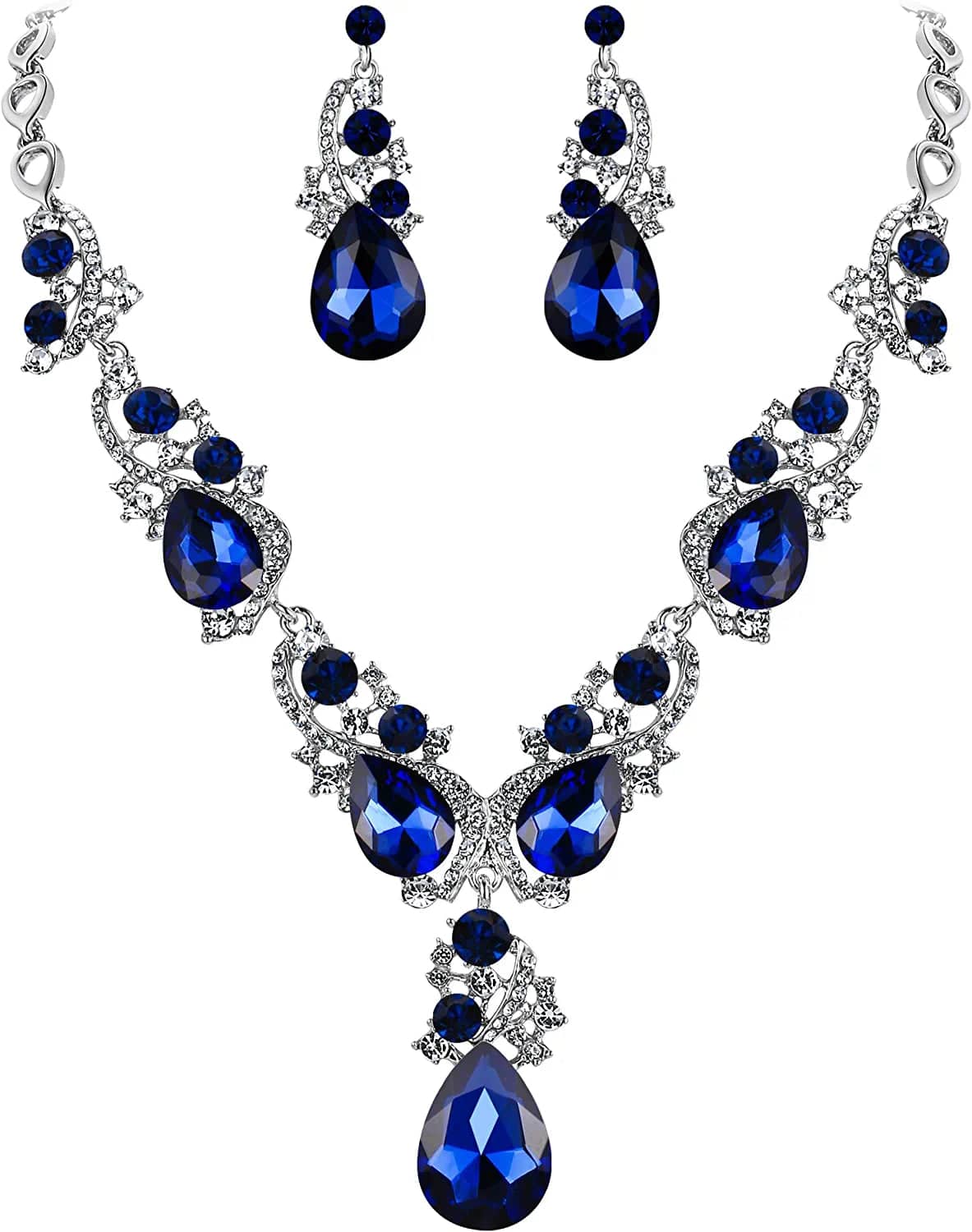 Brilove Women'S Wedding Bridal Crystal Multi Teardrop Cluster Statement Necklace Dangle Earrings Set 01-Navy Blue Silver-Tone