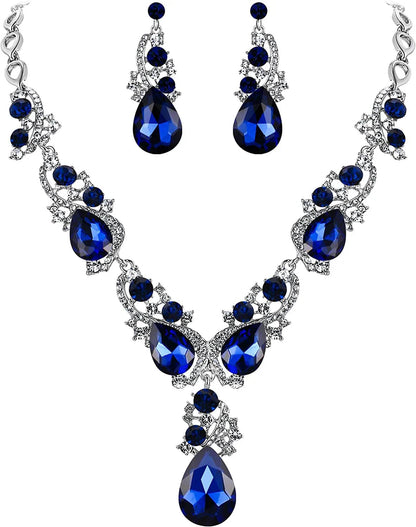Brilove Women'S Wedding Bridal Crystal Multi Teardrop Cluster Statement Necklace Dangle Earrings Set 01-Navy Blue Silver-Tone