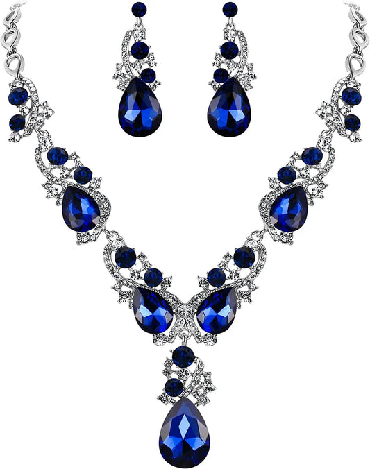 Brilove Women'S Wedding Bridal Crystal Multi Teardrop Cluster Statement Necklace Dangle Earrings Set 01-Navy Blue Silver-Tone