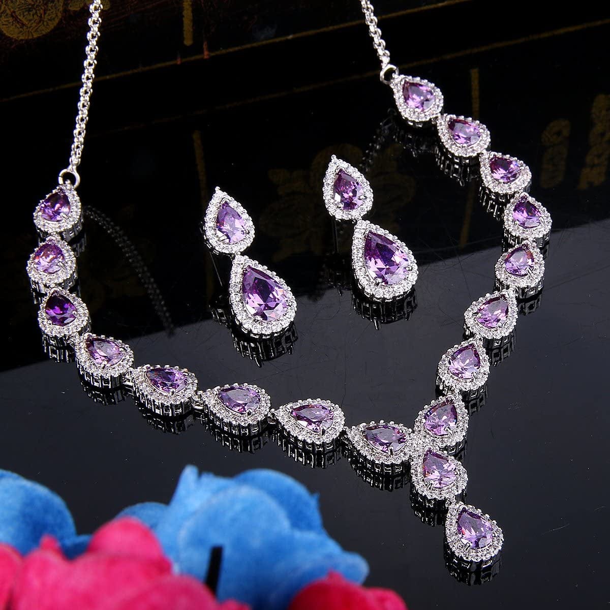 Brilove Women'S Wedding Bridal Teardrop CZ Infinity Figure 8 Y-Necklace Dangle Earrings Set Amethyst Color Silver-Tone