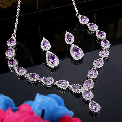 Brilove Women'S Wedding Bridal Teardrop CZ Infinity Figure 8 Y-Necklace Dangle Earrings Set Amethyst Color Silver-Tone