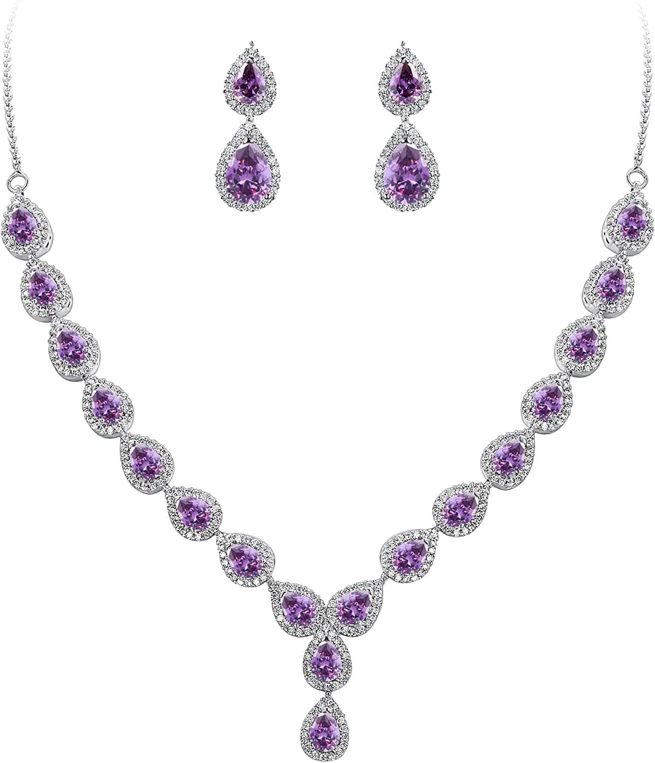 Brilove Women'S Wedding Bridal Teardrop CZ Infinity Figure 8 Y-Necklace Dangle Earrings Set Amethyst Color Silver-Tone