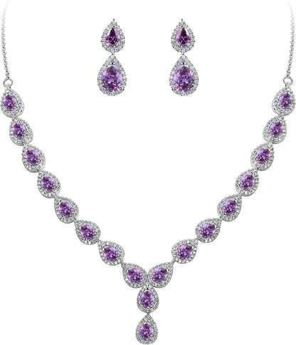 Brilove Women'S Wedding Bridal Teardrop CZ Infinity Figure 8 Y-Necklace Dangle Earrings Set Amethyst Color Silver-Tone