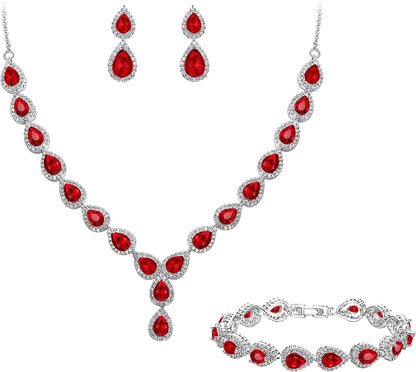 Brilove Women'S Wedding Bridal Teardrop CZ Infinity Figure 8 Y-Necklace Tennis Bracelet Dangle Earrings Set 04-Ruby Color